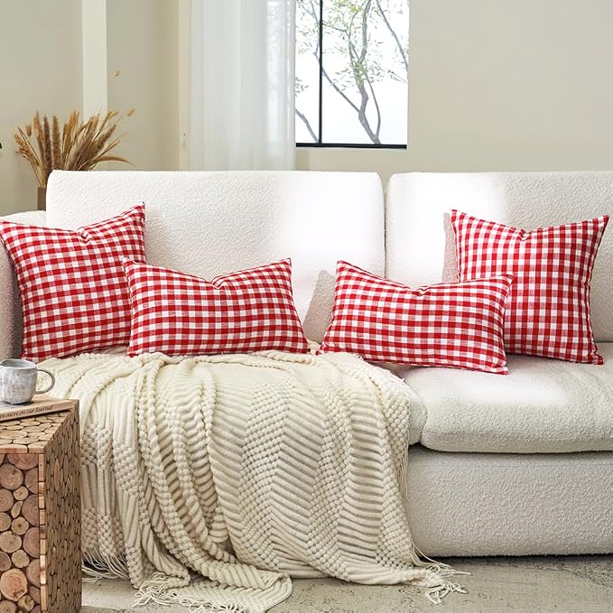 Red and White Outdoor Christmas Gingham Plaid Throw Pillow Covers 18x18 | Set of 2 Christmas Plaid Decor Pillow Covers 18 x 18, Cotton Textured, Vintage Farmhouse Rustic Red Christmas Xmas Decor