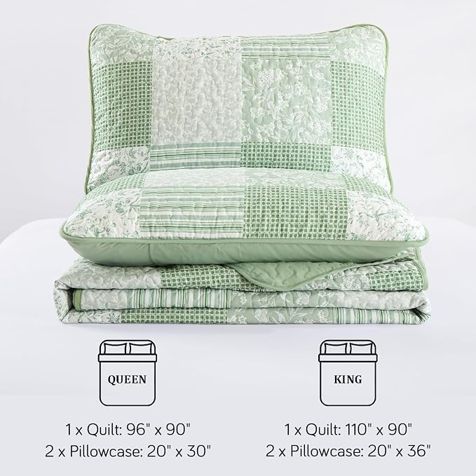 Mybedsoul Boho Quilt King Size, Patchwork Floral Bedding Set, Light Green | Soft Lightweight Microfiber Coverlet Set, 3 Pieces Plaid Bedspread, Bed Sets for All Seasons 90"x110"