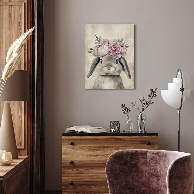 Easter Bunny with Floral Crown Canvas Wall Art Cute Rabbit Poster Prints for Baby Room Lovely Furry Animal Portrait Pictures Artwork Retro Framed Painting for Nursery Corridor Bedroom Decor 12"x16"