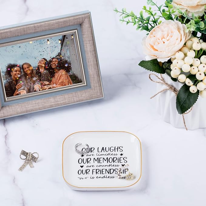 Piudee Friendship Gifts for Women Best Friend Jewelry Dish, Our Laughs are Limitless, Our Memories are Countless, Our Friendship is Endless Unique Gifts for Women, Female Friend Birthday Christmas