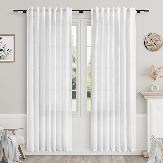 White Linen Curtains 89 Inches Long for Bedroom Back Tab Light Filtering Privacy Sheer Curtains Modern Farmhouse Decor Linen Textured Gauze Curtain for Bathroom 2 Panels Set 52x89