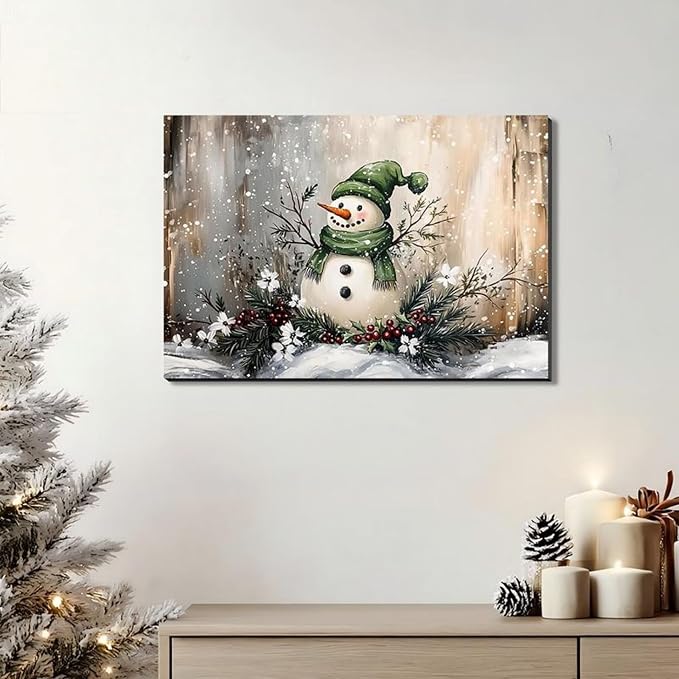 Vintage Christmas Snowman Canvas Art 20x30inch, Festive Wall Art with Snowmen in Winter Scene Paintings, Framed Winter Wonderland Decorations, Perfect for Christmas Room Decor