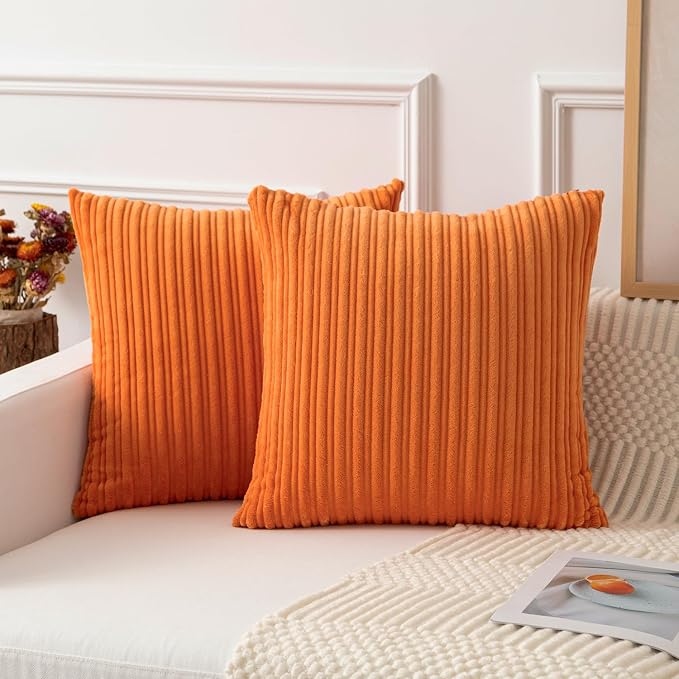 Kevin Textile Striped Corduroy 20”x20” Pillow Covers 2 Pack, Orange