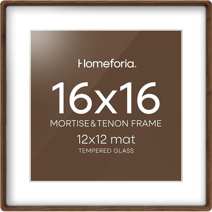 Homeforia 16x16 Mortise&Tenon Walnut Picture Frame, 12x12 Mat, Glass