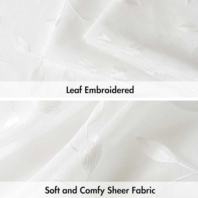 MIULEE Ivory Sheer Curtains 2 Panels Embroidered Leaf Patterned, W52 x L96 | Embroidered Floral Semi Sheer,Rod Pocket,Faux Linen,Short Window Curtains Drapes Set for Kitchen/Bathroom/Cafe