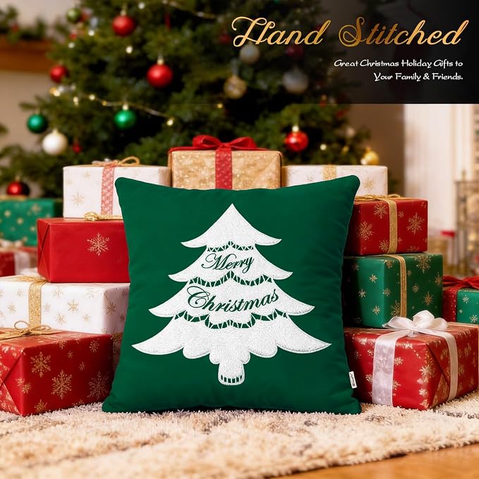 BRAWARM Christmas Pillow Cover 18 X 18 Inches, Christmas Green Christmas Tree Embroidered Pillow Cover, Soft Velvet Decorative Throw Pillow for Couch Bed Sofa Living Room Home