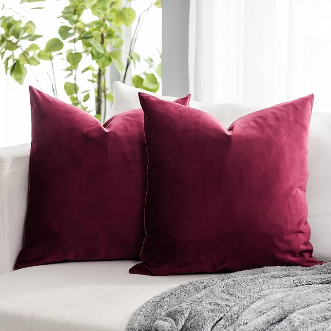 Christmas Burgundy Couch Velvet Throw Pillow Covers 22x22 inch Set of 2 with Zipper Decorative Luxury Soft Solid Rectangle Cushion Covers Case for Sofa Bed Living Room Car