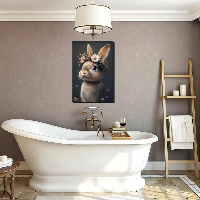 Easter Bunny with Flower Wreath Canvas Wall Art, Spring Animal Poster Prints for Nursery Wall Decor, Easter Rabbit Pictures for Living Room Bedroom Kid's Room Holiday Decoration