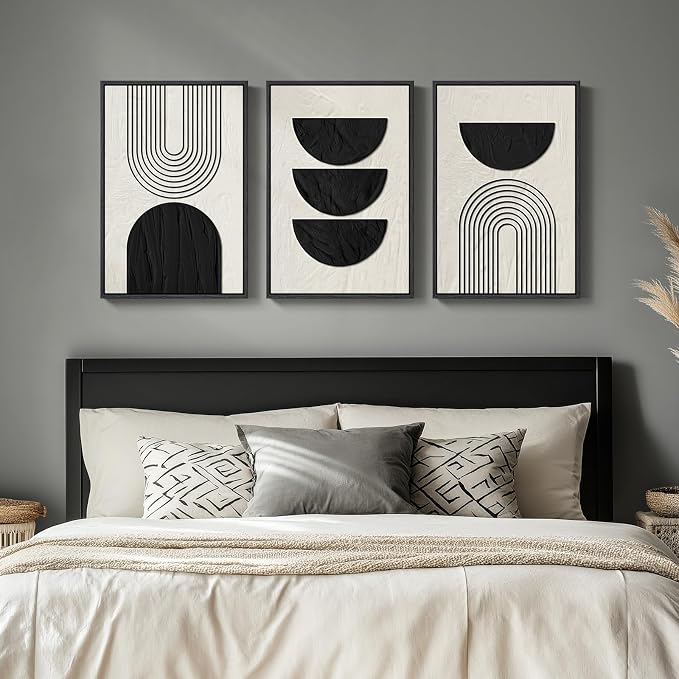 Framed Boho Black and White Abstract Wall Art Set, 3 Piece Canvas Prints | Black Beige Paintins, Modern Minimalist Artwork, Geometric Pictures, Living Room Bedroom Hallway Office Wall Decor 16x24 Inch