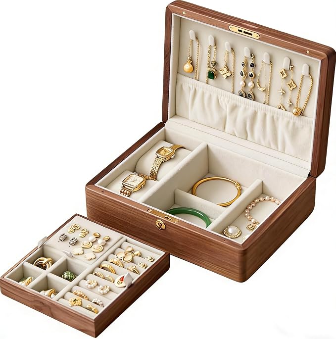 Bescott 2 Layer Solid Black Walnut Wooden Jewelry Box with Lock and Key for Women Wood Vintage Organizer for Men Earrings Rings Necklaces Bracelet Watch Storage