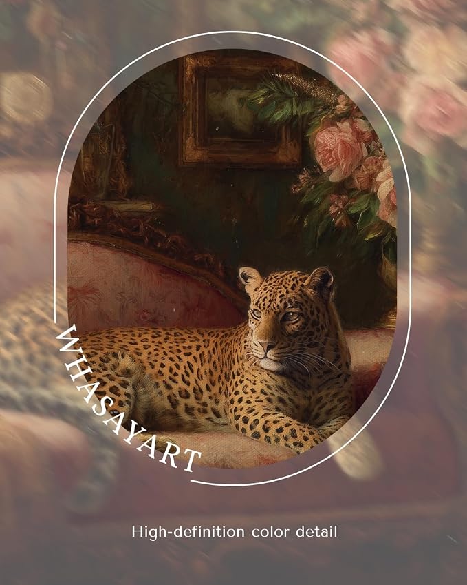 Vintage Leopard Framed Canvas Wall Art 13x16 Inch, Ornate Gold Frame Cheetah Resting on Sofa Artwork, Classic Animal Pet Oil Painting Print Traditional Living Room Bedroom Gallery Home Decor