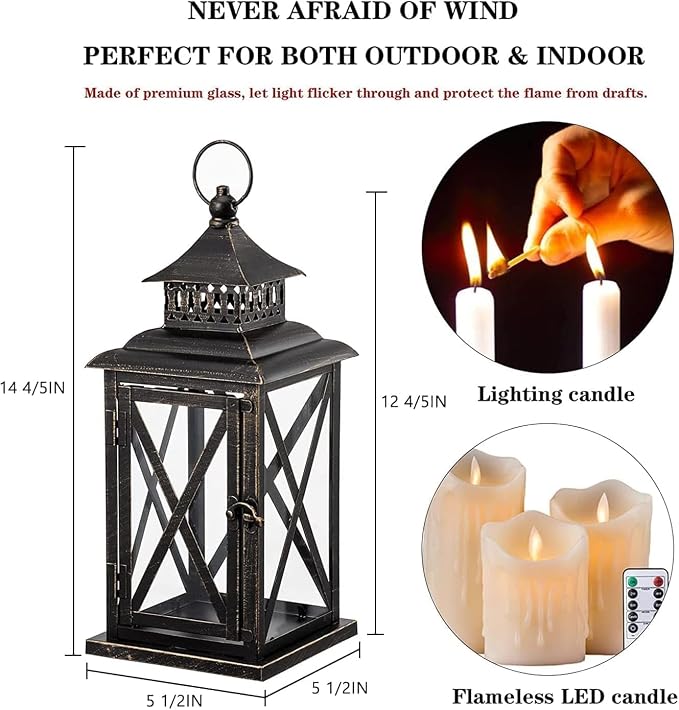 Lantern Decorative Indoor & Outdoor, 2 Pack Large Hanging Candle Lanterns Home Decor, Vintage Metal Candle Holders for Front Porch Patio Wedding Party, Halloween Christmas Decorations (Black)
