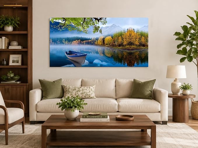 Arjun Lake Canvas Wall Art Landscape Blue Boat Painting Framed Large 48x24 | Wall Art for Living Room Picture Bedroom Nature Mountain Artwork Modern Nature Scenery Home Office Dining Room Wall Decor