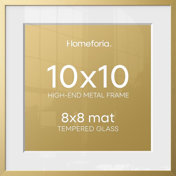 Homeforia 10x10 Gold Picture Frame, High-End Metal, 8x8 Mat, Glass