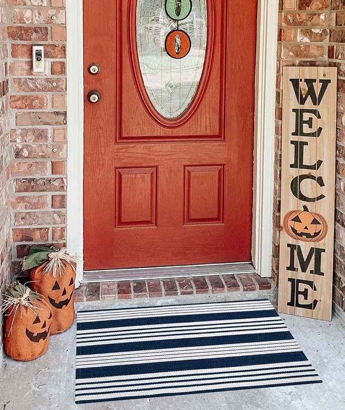 Blue and White Striped Doormat 24"x35"Washable Farmhouse Front Porch Rug | Cotton Bend with Woven Construction, Easy-care Fabric, Gentle Machine Wash and Air Dry