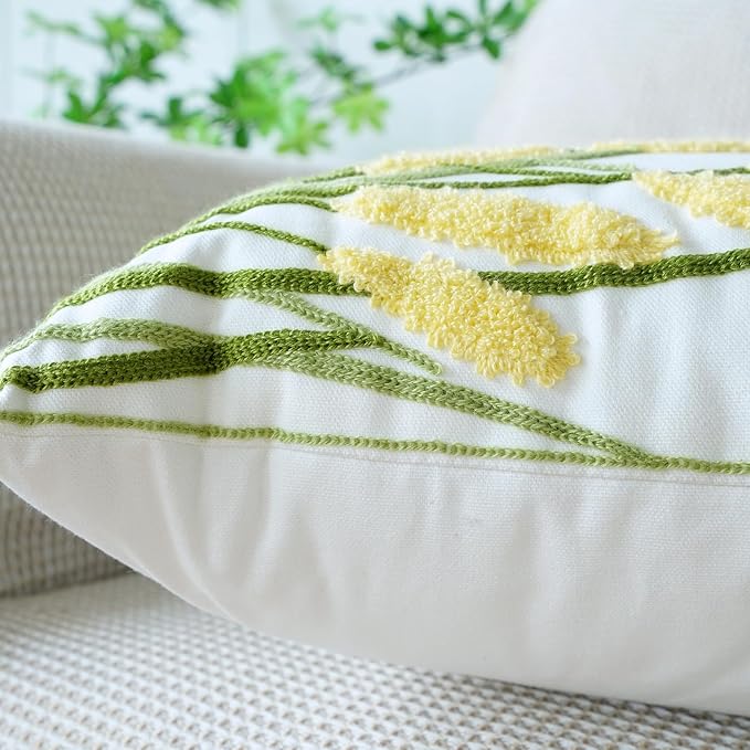 vctops Farmhouse Pampas Grass Cotton Tufted Throw Pillow Cover Boho Embroidery Pillowcase Soft Square Cushion Case for Sofa Couch Bed Chair (Yellow G,18"x18")