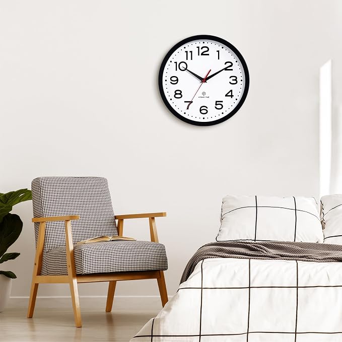 Roymnie 10 Inch Atomic Wall Clock, Battery Operated Silent Non Ticking | Black analog wall clock; bold numerals for easy reading; silent non-ticking; 1 AA battery (not included); for classroom
