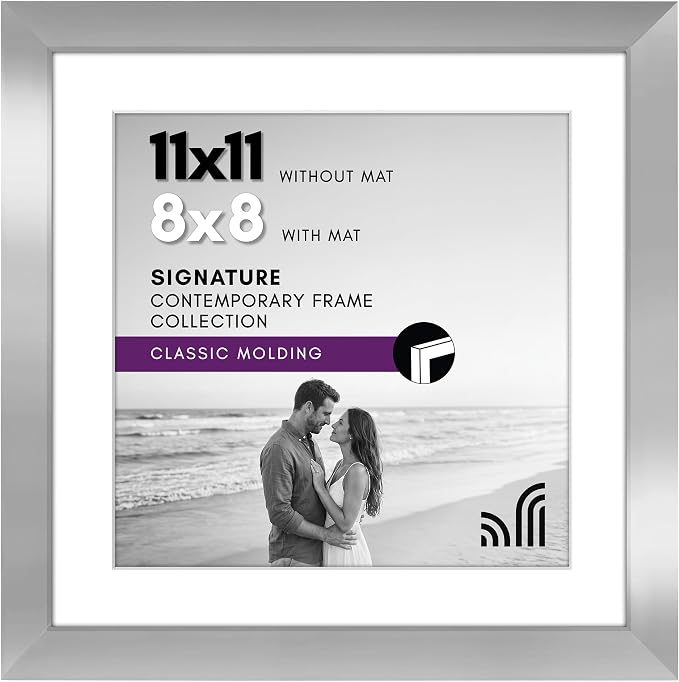 Americanflat 11x11 Picture Frame with Shatter-Resistant Glass - Use as 8x8 Frame with Mat or Display 11x11 Photo Without Mat - Signature Collection - Square Frames for Wall Display - Silver