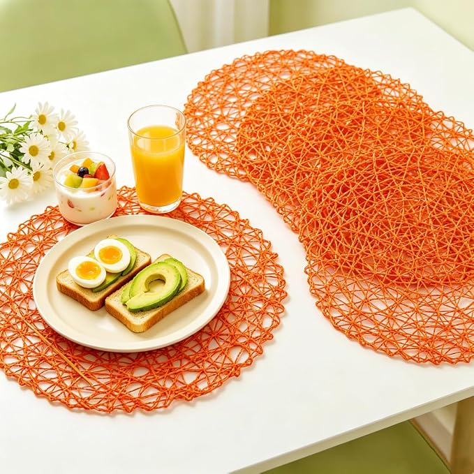 IcosaMro Tangerine Round Placemats Set of 12 for Dining Table, 13 Inches Paper Woven Boho Small Decorative Circle Place Mat for Wedding Christmas Thanksgiving Day Holiday Dinner, Orange