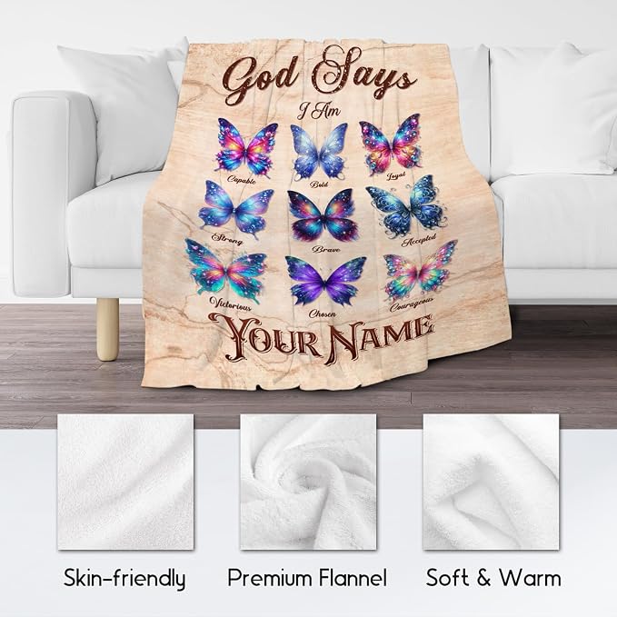 Personalized Butterfly Blanket With Name For Women, Girls & Kids - God Says I Am Fleece Fuzzy Throw For Couch, Inspirational Gift For Her & Daughter, 50"x60"