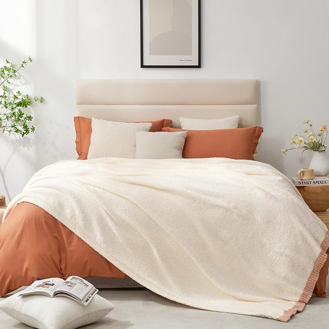 Snuggle Sac Cream Throw Blanket for Couch Bed Sofa 60x80 inches, Reversible Cream Blanket Microfiber Fluffy Fuzzy Cozy Knit Twin Blanket for Women Mothers Birthday Gifts