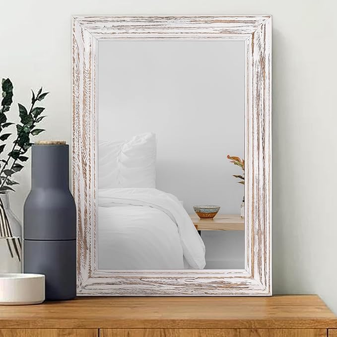 Wall Mirror with Rustic Wood Frame Rectangle Hanging Mirrors for Wall Large Decorative for Bathroom Bedroom Farmhouse Living Room Entryway 26"x18"