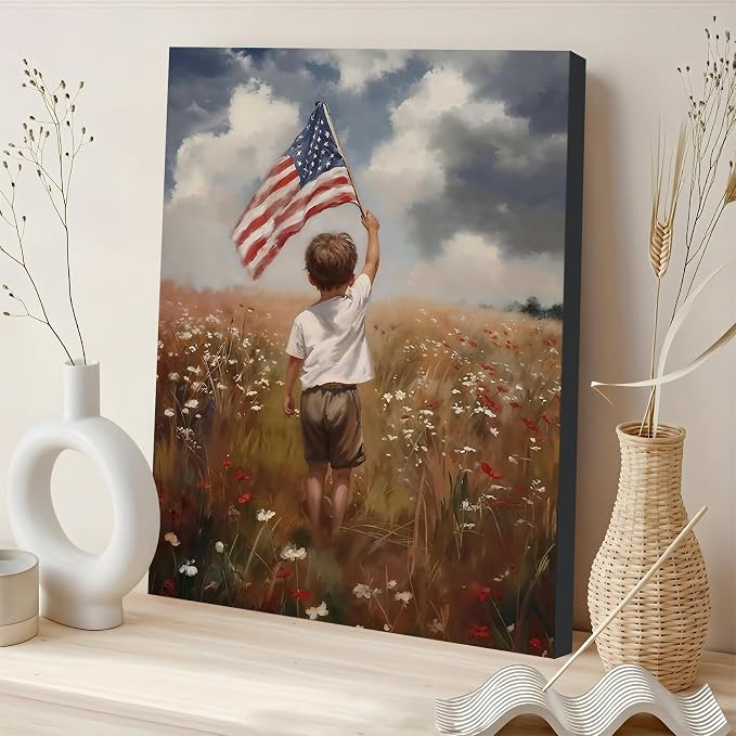 Framed American Flag Wildflower Field Wall Art, Patriotic Rustic Canvas Art Pictures, USA Flag Coastal Meadow Wall Decor, Made in USA Ready to Hang for Living Room Bedroom