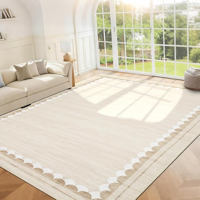 COZYLOOM 10x13 Dining Room Rugs for Under Table, Machine Washable Area Rugs for Bedroom, Non Slip Non Shedding Modern Border Rug, Stain Resistant Low Pile Carpet for Living Room, Nursery, Beige