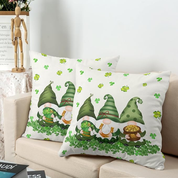Lucky Shamrocks Gnomes Pillow Cases 20x20 Set of 2 March Holiday Throw Pillow Covers Soft Cotton Blend Cushion Case St Patricks Day Decorations for Couch Sofa Bedroom Home