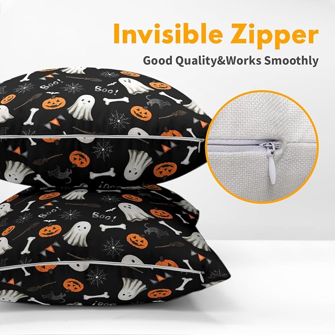 Halloween Throw Pillow Covers 18X18 Inch Set of 2 Boo Cute Ghost Orange Pumpkins Bat Web Decorative Black Pillow Cases Holiday Cotton Linen Cushion Cover for Home Sofa Porch Outdoor Decor