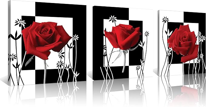 NAN Wind Canvas Print 3 Pcs Black and White Red Rose Canvas Art Painting Abstract Wall Art Decorations Flower Picture on Canvas for Home Decor Stretched and Framed (14X14inchX3pcs, rose2)