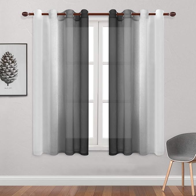 DWCN Black Faux Linen Ombre Sheer Curtains - Gradient Semi Voile Grommet Top Bedroom and Living Room Curtains, Set of 2 Window Curtain Panels, 52 x 72 Inch Length