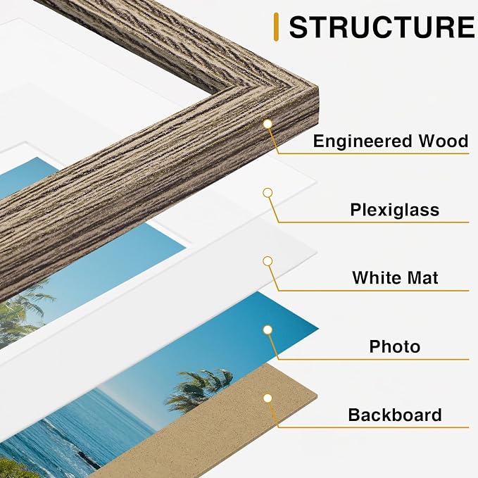 Vittanly 5x7 Picture Frames Set of 9, Wall & Tabletop, Grayish Brown | Display Pictures 4x6 with Mat or 5x7 without Mat, Small Photo Frames, Engineered Wood with Shatter Resistant Plexiglass