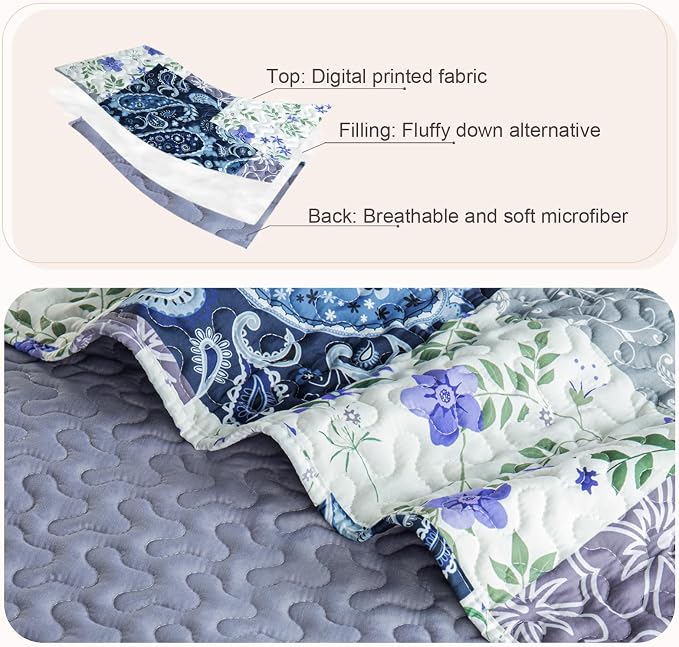 Whale Flotilla Patchwork Quilts Twin Size, Extra Soft Floral Bedspreads | Paisley Flowers Reversible Lightweight Twin Quilt Bedding Set for Bed, Printed Coverlets with 1 Pillow Sham for All Seasons
