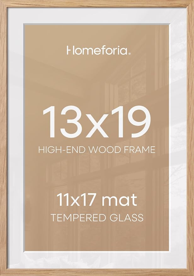 Homeforia 13x19 Natural Oak Picture Frame, High-End Wood, 11x17 Mat, Glass