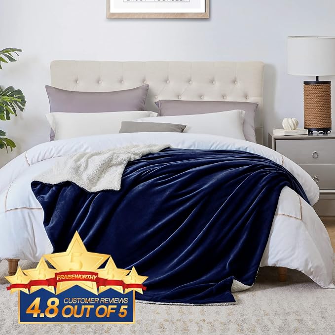Walensee Sherpa Fleece Blanket (Queen Size 90”x90” Navy) Plush Throw Fuzzy Super Soft Reversible Microfiber Flannel Blankets for Couch, Bed, Sofa Ultra Luxurious Warm and Cozy for All Seasons