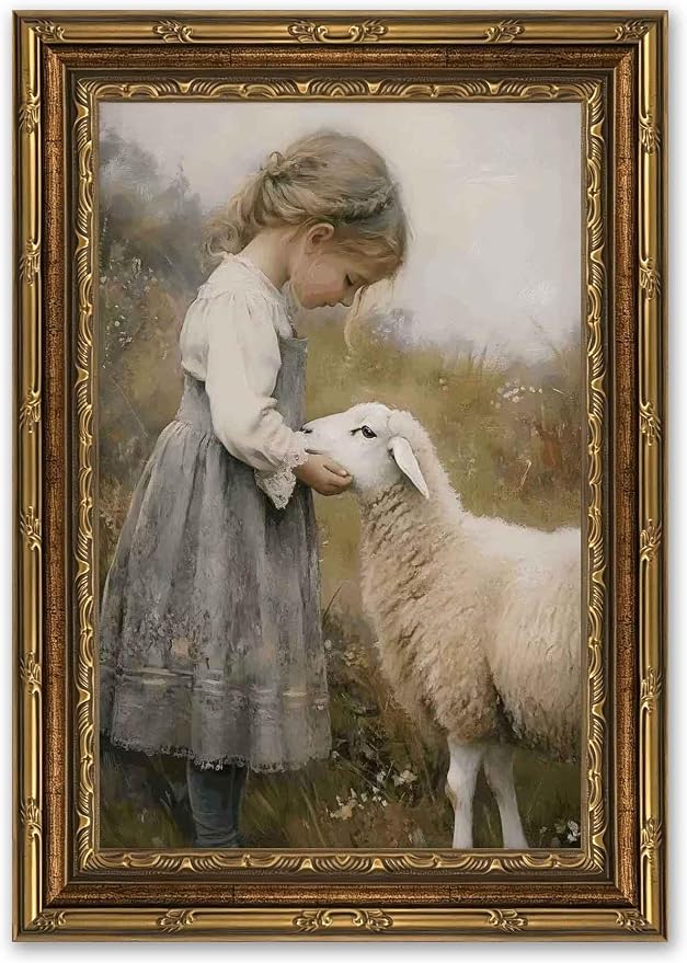 Gold Framed Vintage Aesthetic Girl With Sheep Wall Art Rustic Farmhouse Print Poster Artwork Sheep Cottagecore Wall Decor for Living Room Bedroom Bathroom Decoration 9x11in
