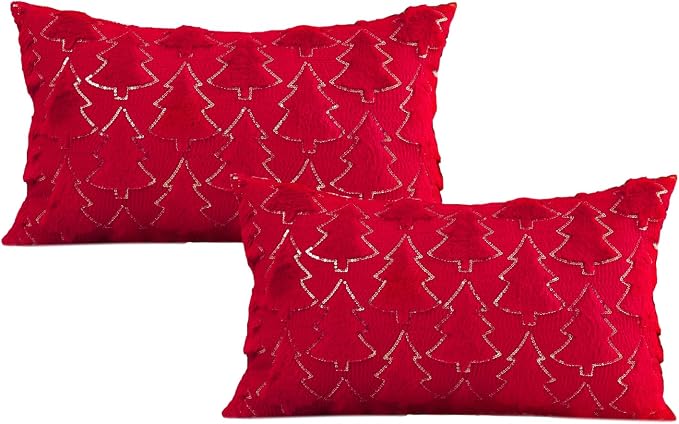 VAKADO 12x20 Set of 2 Christmas Throw Pillow Covers Embroidered Decorative Xmas Cushion Cases Holiday Soft Home Decor for Bedroom Sofa Chair Porch Winter, Red