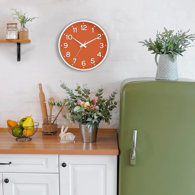 Roymnie 8 Inch Wall Clock, Battery Operated Silent Non Ticking Analog | Orange modern analog; large 3D easy-read dial for kitchen, office, bathroom & bedroom; 1 AA battery (not included)
