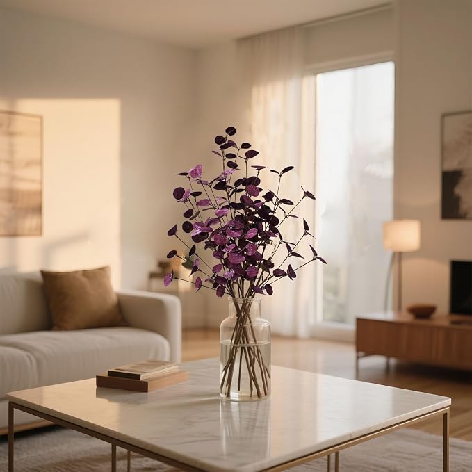 4PCS 24" Purple Artificial Eucalyptus Stems – Metallic Faux Eucalyptus Leaves for Halloween Decor, Fall Vase Arrangement & Christmas Home Decoration