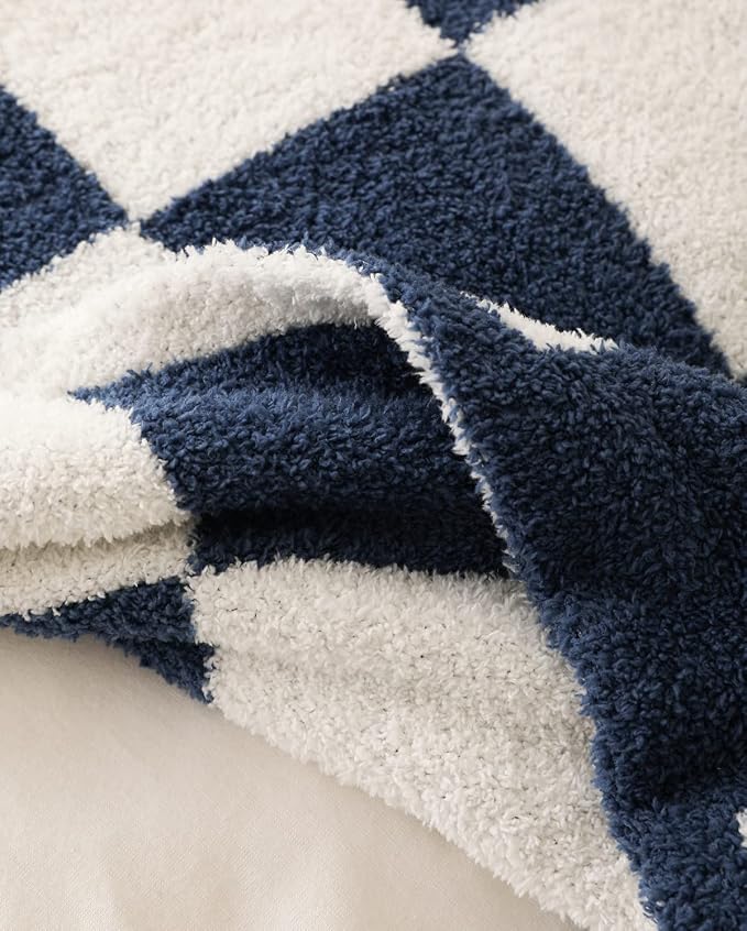 Ultra Soft Cozy Buffalo Checkerboard Grid Fluffy Microfiber Knitted Queen Blanket Super Soft Cozy Lightweight Fleece Checkered Bed Blanket for Sofa Couch Bed Travel (Navy, Queen：90"X90")