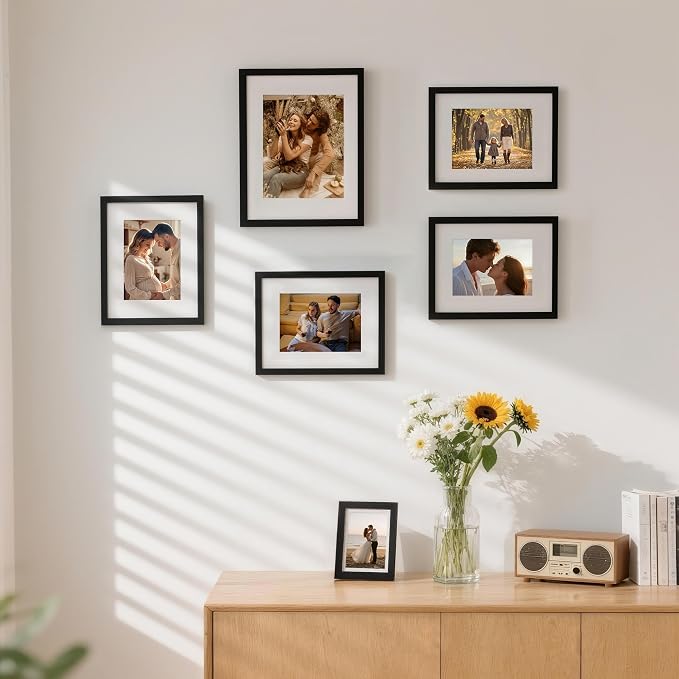 4x6 Picture Frame Set of 9, Display Pictures 3.5x5 with Mat or 4x6 without Mat, Multi Collage Gallery Square Photo Frames for Wall or Tabletop, Black