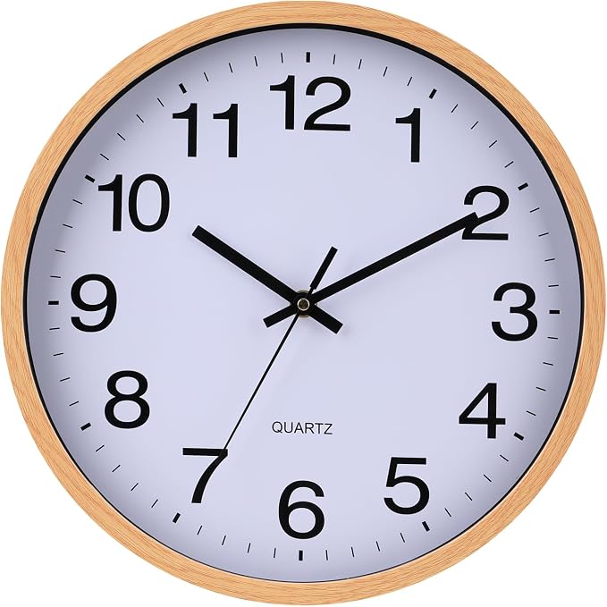Wall Clock 12 Inch Wooden Frame Glass Cover Non-Ticking Number Quartz Modern Quartz Design Decorative Bedroom Kitchen Office Classroom Light Brown