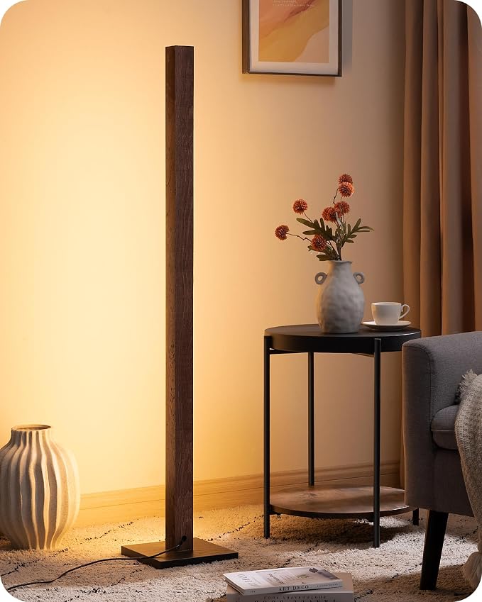 EDISHINE 48.43" Wooden LED Corner Floor Lamp with Remote, Dimmable & 7CCT
