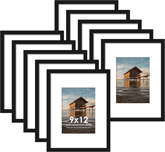 9x12 Picture Frame Sef of 10, for Wall Gallery Decor, Black | Display Pictures 6x8 with Mat or 9 x 12 Without Mat, Photo Frame Collage, Wall Mounted