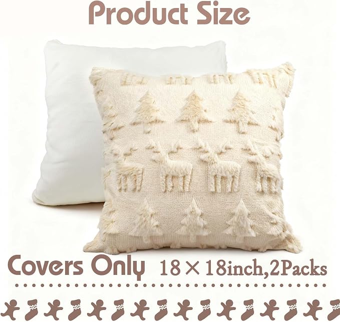 ONFAON Christmas Decorations - Christmas Tree Elk Deer Pillow Cover 18x18 Inches Set of 2, Xmas Soft Plush Short Wool Velvet Decorative Winter Holiday Farmhouse Outdoor Cushion Cases for Sofa Couch