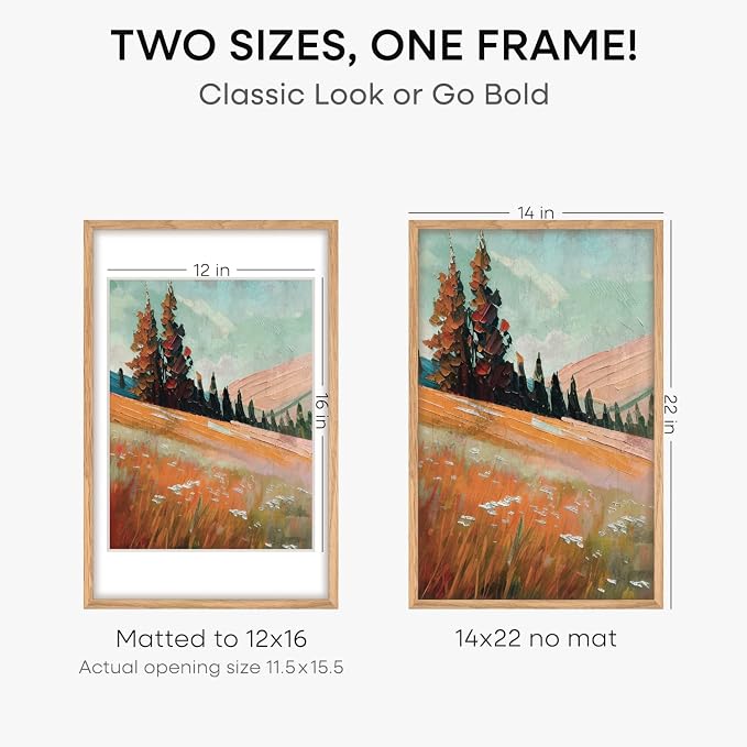 Homeforia 14x22 Natural Oak Picture Frame, High-End Wood, 12x16 Mat, Glass
