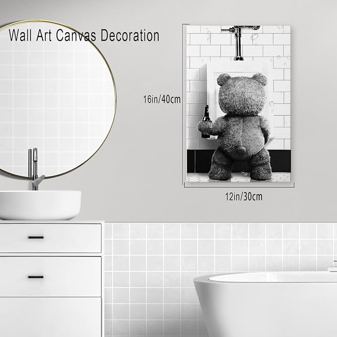 DIHSIEG Funny Teddy Bear Bathroom Wall Art Toilet Humor Canvas Print 12x16 | Unframed Modern Decor for Powder Room, Above Toilet Decoration, Restroom Accent, Unique Wall Hanging Gift for Home & Friends