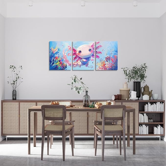 Feelyou Kids Cute Axolotl Wall Painting Posters Ocean Picture Wall Decor Boys Girls Kawaii Sealife Canvas Wall Art for Living Room Bedroom Cartoon Salamander Bathroom Wall Art 12"x16"x 3Pcs