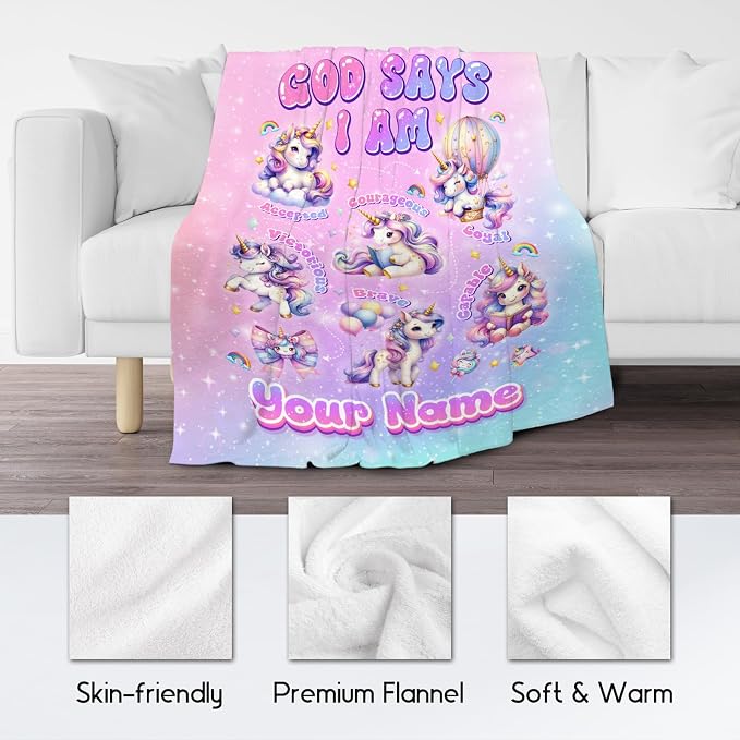 Personalized Unicorn Fleece Blanket for Girls, Women & Kids - God Says I Am Inspirational Gift for Her & Daughter - Soft Plush for Living Room, 60"x80"